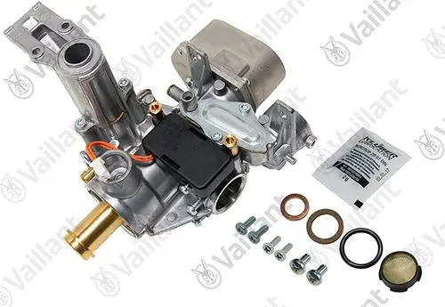 Vaillant Gasarmatur mit Anschlussmöglichkeiten, einem elektrischen Bauteil und Montagesatz, bestehend aus Schrauben, Dichtungen und einem Filter.